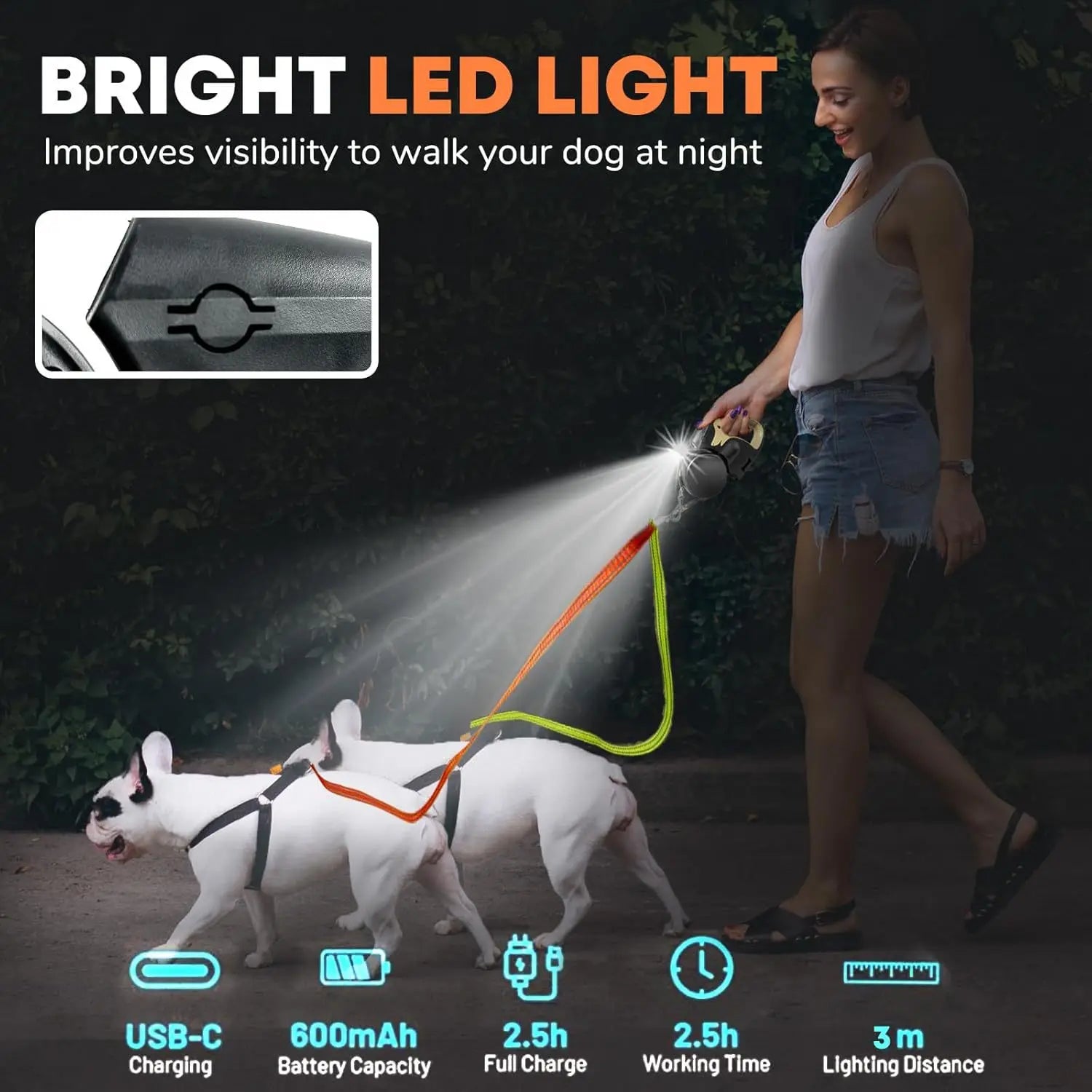 Pati Destekçim Otomatik Çift Başlıklı Köpek Tasması – USB Şarjlı LED Fenerli (3 m)