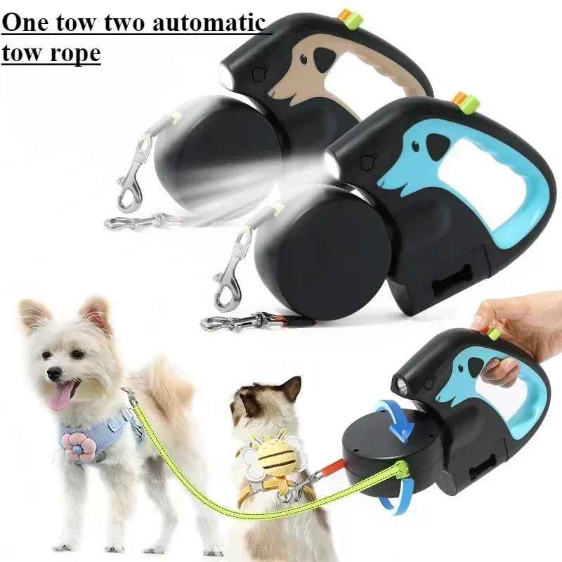 Portable Rotating Pet Leash for 2 Dogs, Double End Leash, Light Retractabl.e Roulette, Walking Supplies